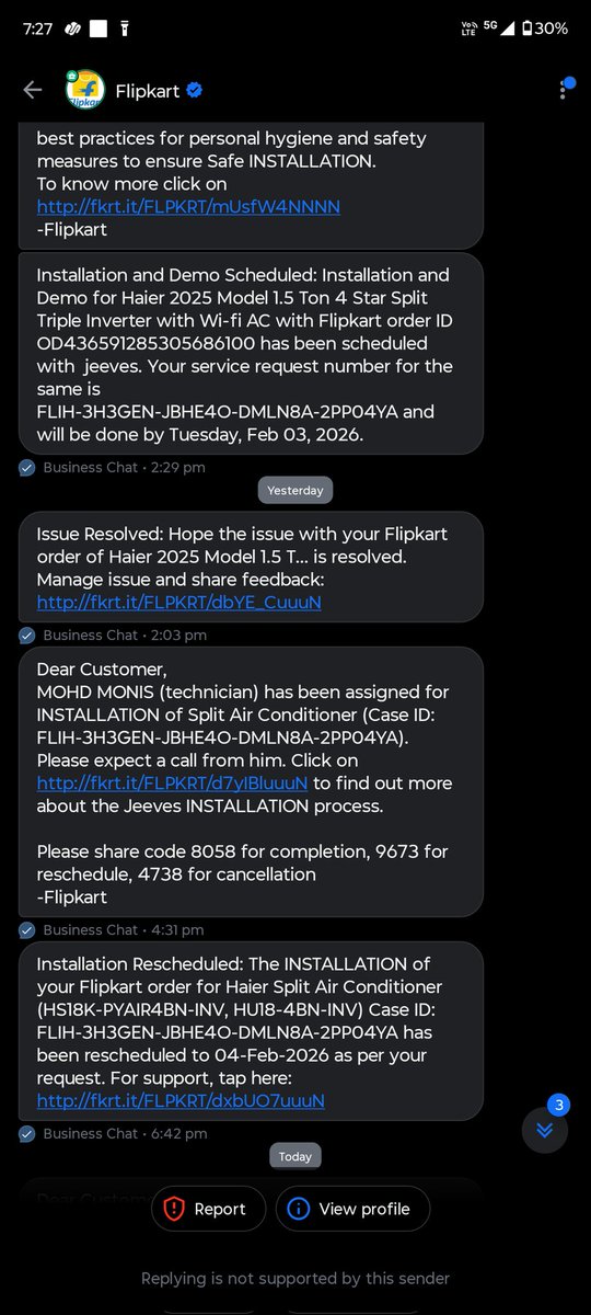 Axayhere's tweet photo. EXPOSING A SCAM! 🚨
@FlipkartSupport @HaierIndia @ekartlogistics
Your technician installed my AC on Feb 3, took ₹2000 cash + online payment, and then marked it 'CANCELLED' on Feb 5 to steal money!
I have SOLID PROOFS:
1/3 https://t.co/k36qvyklTN