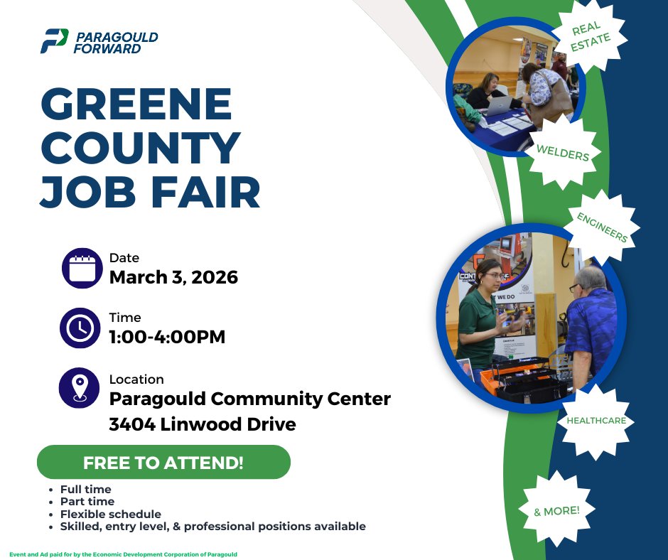 DiscoverPGD's tweet photo. Your next career could be closer than you think! 
Join the Greene County Job Fair to explore local opportunities, meet employers face-to-face, and discover the possibilities waiting for you in our community.
📅 March 3rd 1-4PM | 📍 Paragould Community Center – 3404 Linwood Drive https://t.co/7YMqXzTjDS