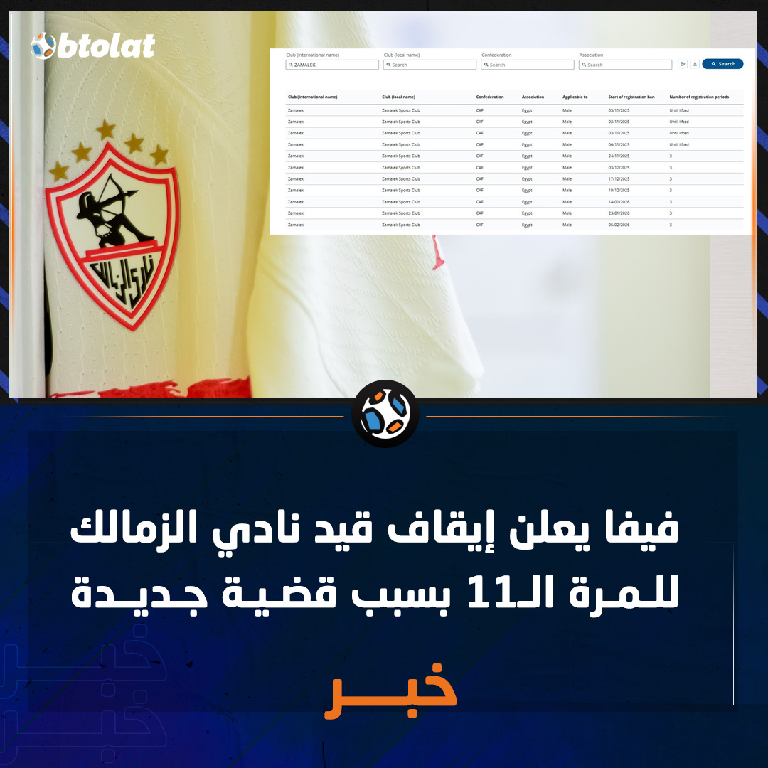 فيفا يعلن إيقاف قيد نادي الزمالك للمرة الـ11 بسبب قضية جديدة 