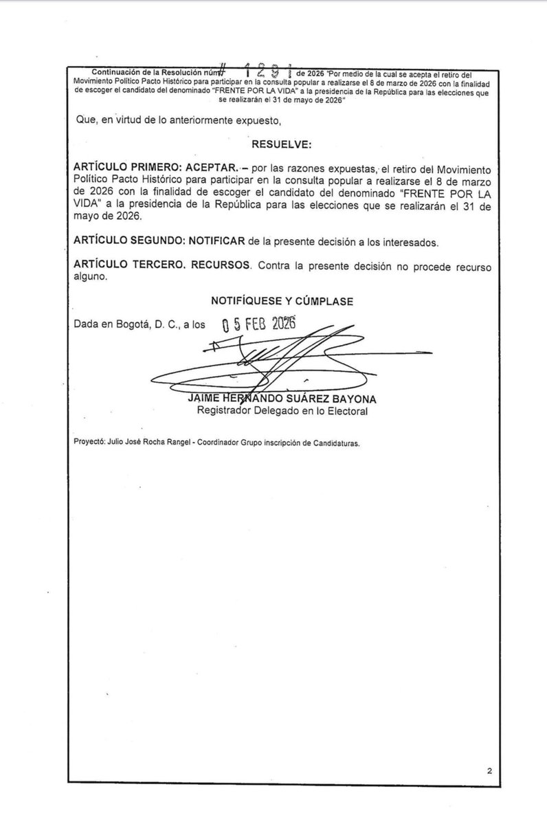 📄 La <a href="/Registraduria/">Registraduría Nacional del Estado Civil</a> aceptó oficialmente el retiro del <a href="/PactoCol/">Pacto Histórico Oficial</a> de la consulta del 8 de marzo, según la Resolución 1291 de 2026  .

Vamos directo a primera vuelta para ganar y defender la voluntad popular.

<a href="/IvanCepedaCast/">Iván Cepeda Castro</a> <a href="/petrogustavo/">Gustavo Petro</a>