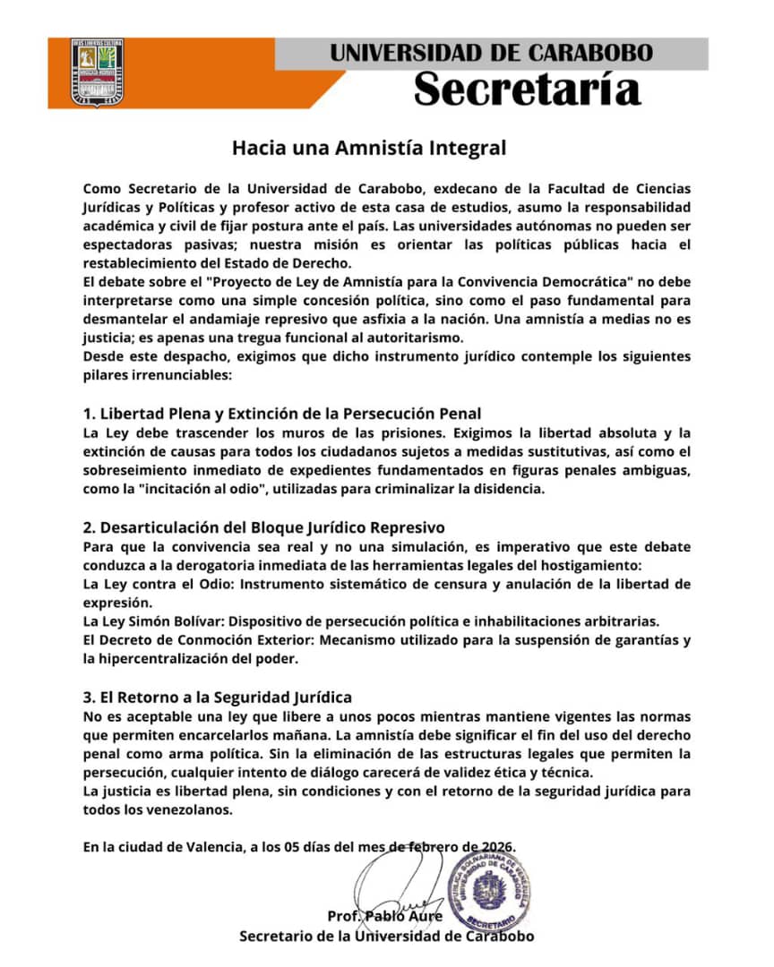 pabloaure's tweet image. Hacia una Amnistía Integral

​Como Secretario de la Universidad de Carabobo, exdecano de la Facultad de Ciencias Jurídicas y Políticas y profesor activo de esta casa de estudios, asumo la responsabilidad académica y civil de fijar postura ante el país. Las universidades autónomas…