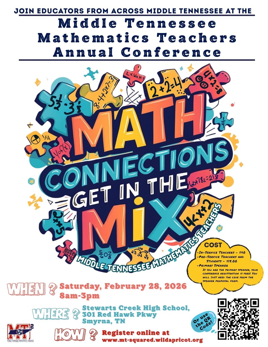 MidTNMath's tweet photo. Our 2026 Annual Conference theme is “Get in the Mix in 2026” Join us on Saturday, 2/28 to make connections with other educators in Middle TN! https://t.co/7Pq9LskfYB