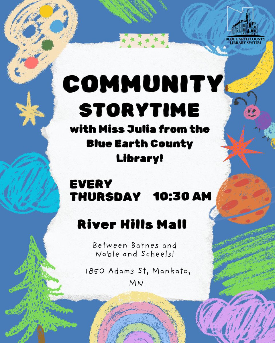 BECLibrary's tweet photo. Next Thursday, join us for our first Community Storytime at the River Hills Mall!  We’ll read stories, sing songs, and practice early literacy skills that support reading development —all in a welcoming community space. We can't wait to see you there! https://t.co/9xfm943ykb