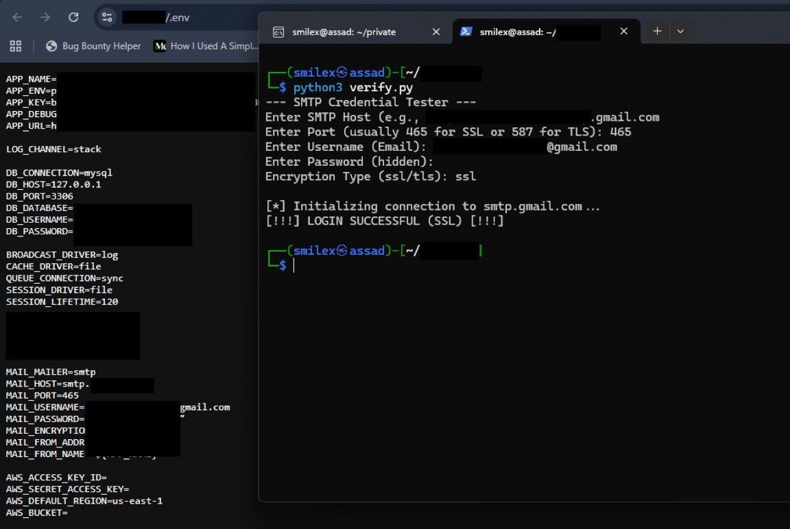 WllGates's tweet photo. Google Dorks are still undefeated in 2026. 🔍

Found a "sussy" config leak today full SMTP access was just sitting there in plain text. 

Impact verified, report sent, and awareness raised. 

credit: @0x0smilex 

#bugbountytips #ethicalhacking https://t.co/xuoRPWEiO2