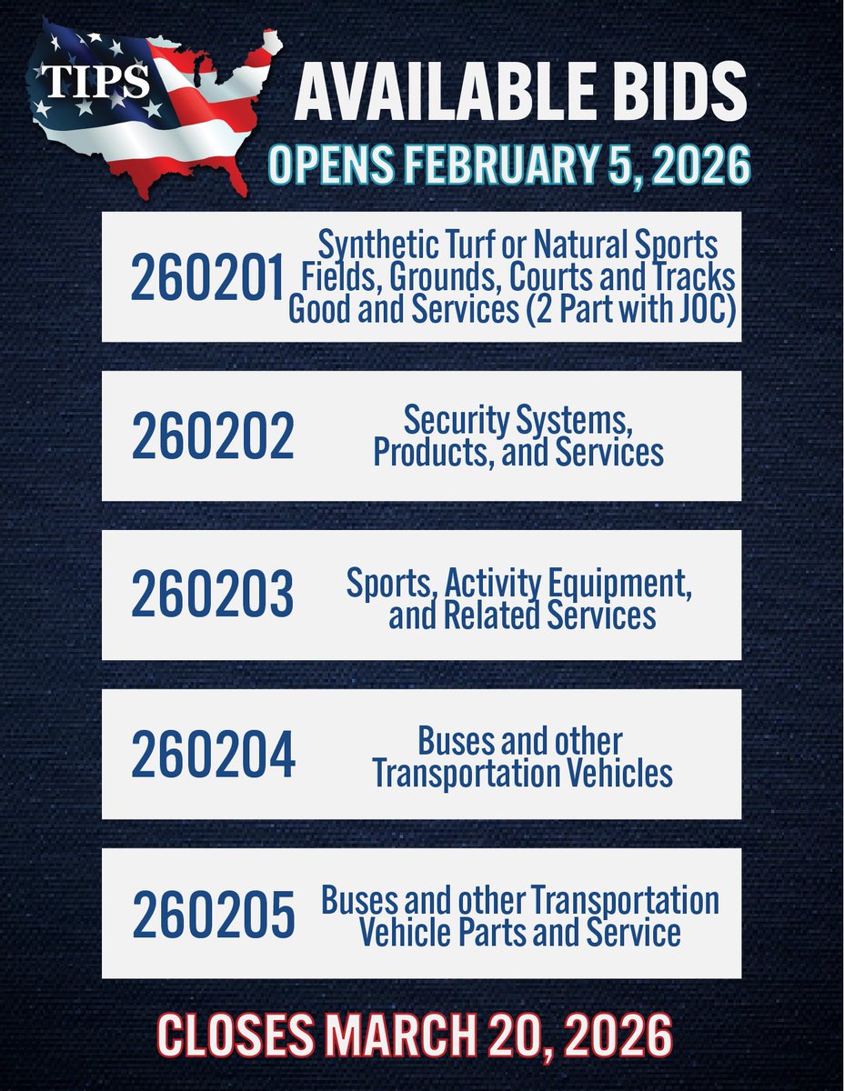 TIPSCooperative's tweet photo. @TIPSJOC New bid opportunities are opening for current and potential TIPS Awarded Vendors.
View and submit for a contract that fits the products and services you offer before they close. Check out more information at: https://t.co/o89VlL8p69 https://t.co/e4naNJU9IK