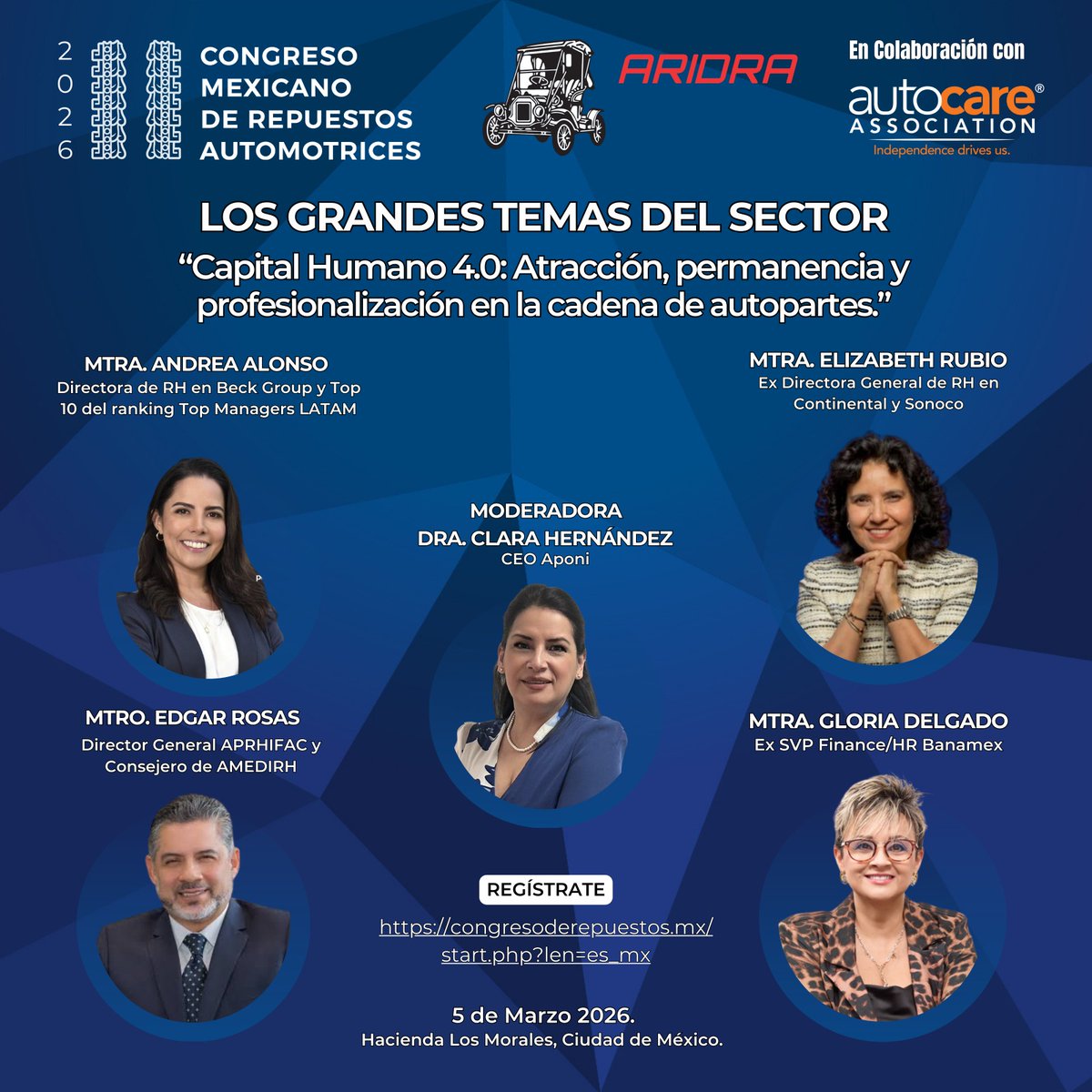 Te esperamos el 5 Marzo 2026, en la Hacienda de los Morales 

 Costos para socios $9,500.00 más IVA 

Página de registro del Congreso Mexicano de Repuestos Automotrices 2026 

 lnkd.in/ew3V7YYt