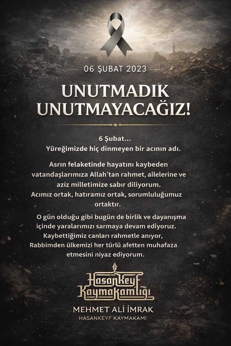 6 Şubat…
Yüreğimizde hiç dinmeyen bir acının adı.

Asrın felaketinde hayatını kaybeden
vatandaşlarımıza Allah’tan rahmet, ailelerine ve aziz milletimize sabır diliyorum.

Acımız ortak, hatıramız ortak, sorumluluğumuz ortaktır.

O gün olduğu gibi bugün de birlik ve dayanışma
