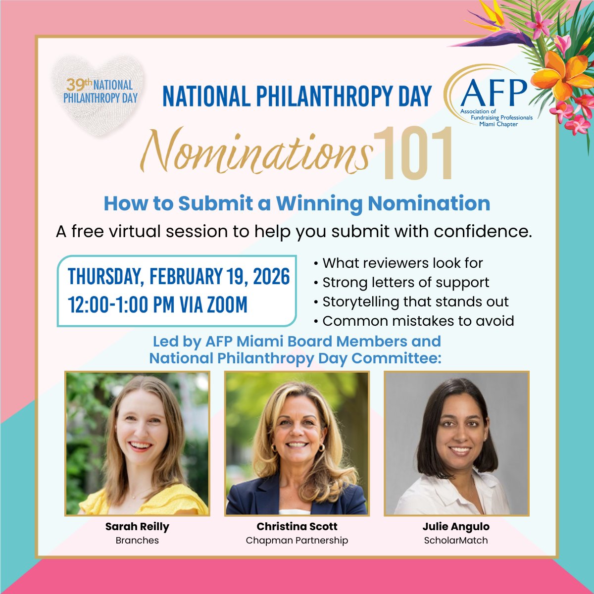 National Philanthropy Day Nominations 101 
Free AFP Miami virtual session to help nominators submit clear, compelling, and competitive National Philanthropy Day nominations for the 2026 event, scheduled for 11/6/2026 at Jungle Island
secure.qgiv.com/for/afmia/even…

#afpmiami