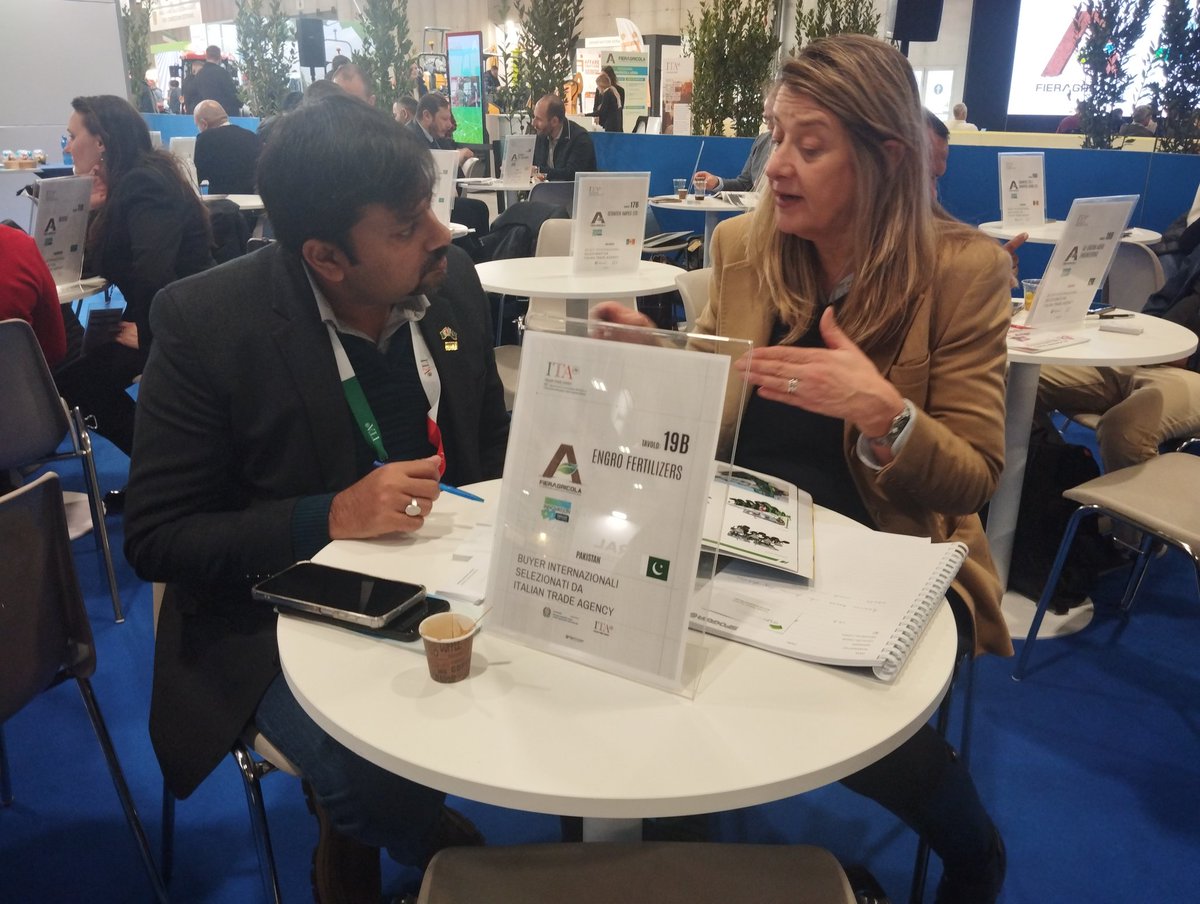 ITAIslamabad's tweet photo. Day 2 #Fieragricola2026 🇮🇹🇵🇰
Productive #B2B meetings underway at the #ITA Buyer’s Lounge, connecting 🇵🇰 delegation with 🇮🇹 manufacturers and #AgriTech leaders. 🚜
Focused on modern #AgriTech smart machinery &amp; future collaborations. https://t.co/Hu0xLdXJUZ