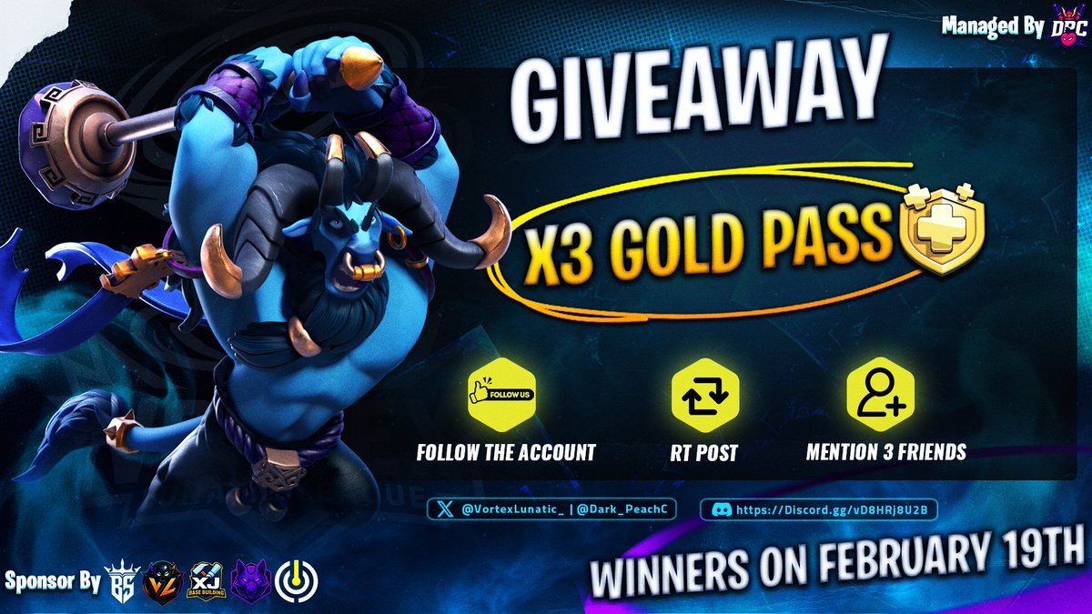 ⚡️Preamble to the Vortex Lunatic League 2🌪️

🎁 3x Golden Pass Giveaway 

🎊 How to participate:

1⃣ Follow
<a href="/Dark_PeachC/">Dark Peach Community</a>  <a href="/VortexLunatic_/">Vortex Lunatic</a> 

2⃣ RT 🔃 Post ❤️

3⃣ Mention 3 friends 👥

Winners announced on February 19th 🏆

They must meet all three requirements. 👀