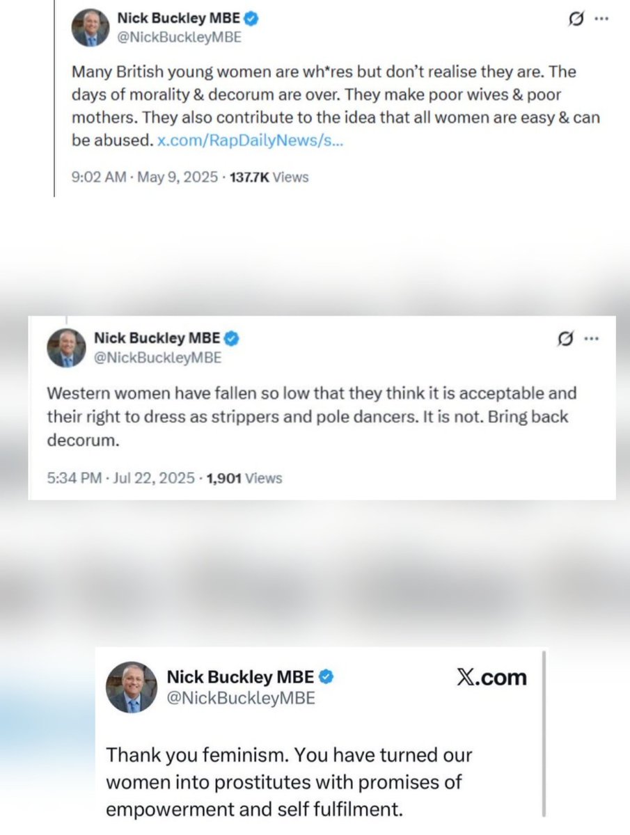 KnownNutteroo's tweet photo. @NickBuckleyMBE Women raised valid concerns about these tweets. As a candidate and future MP, it's concerning to see you label any woman as a prostitute or a whore. Additionally, there are references to alpha male and easy manipulation.
You've blocked loads of woman for voicing their opinion. https://t.co/y8zK8qVRB6