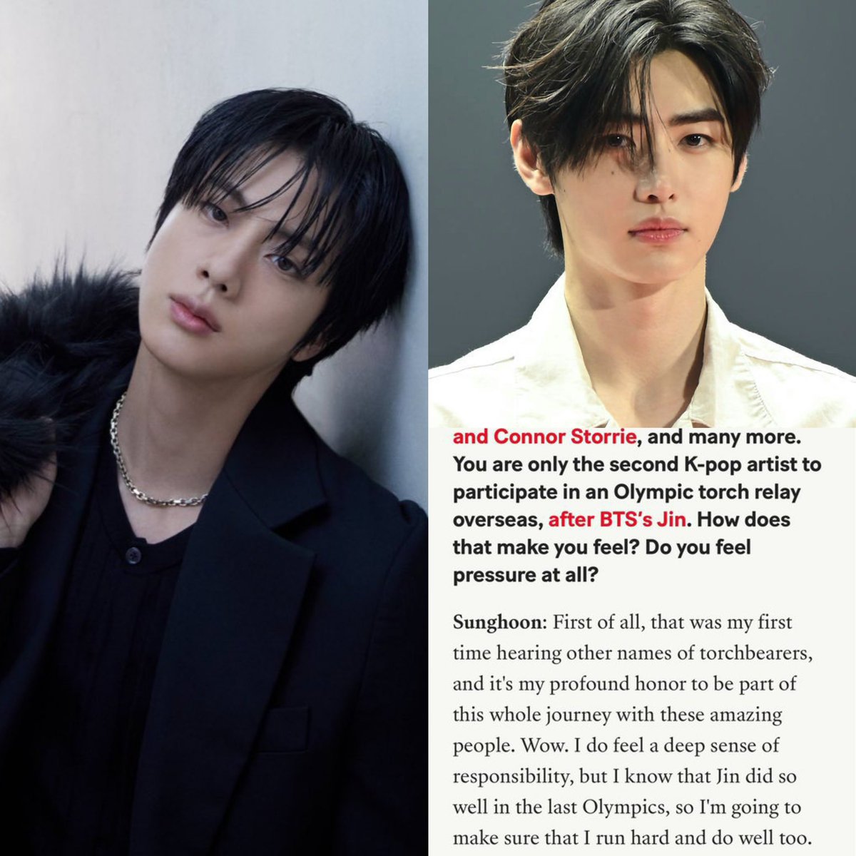 btsxchartsdaily's tweet image. [INFO] Enhypen’ Sung-hoon mentioned #JIN in a recent Interview!

Q: You are only the 2nd K-pop artist to participate in an Olympic torch relay overseas, after Jin. How does that make you feel? Do you feel pressure at all?

Sunghoon: .. Wow. I do feel a deep sense of…