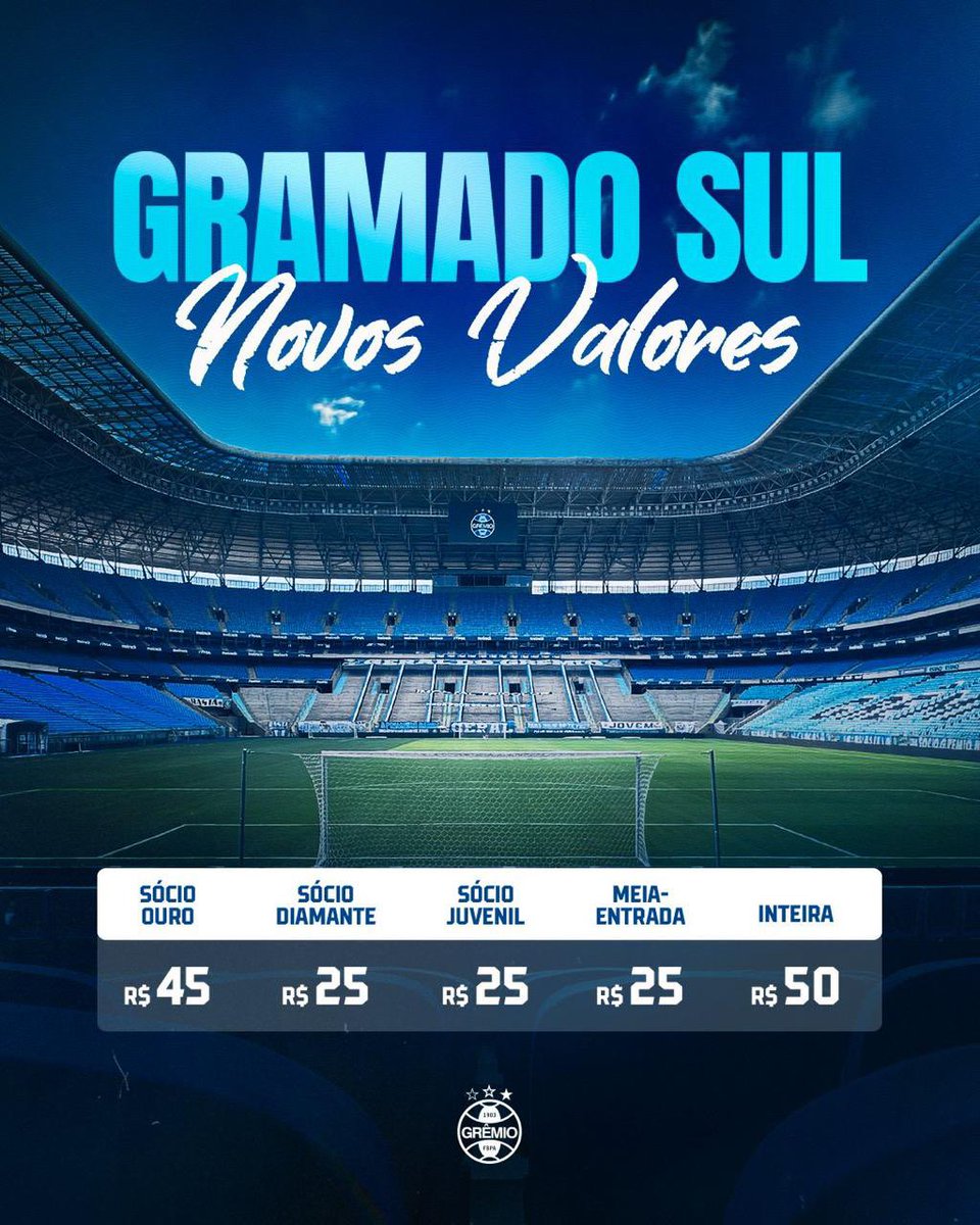 Gremio's tweet image. NOVIDADE NO GRAMADO SUL! 🎫🇪🇪 Torcedor gremista, a partir do duelo com o Novo Hamburgo, o Setor Gramado Sul terá 𝙥𝙧𝙚𝙘̧𝙤𝙨 𝙞𝙜𝙪𝙖𝙞𝙨 𝙖𝙤𝙨 𝙙𝙖 𝘼𝙧𝙦𝙪𝙞𝙗𝙖𝙣𝙘𝙖𝙙𝙖 𝙉𝙤𝙧𝙩𝙚. Confere a tabela com os valores referentes ao jogo deste sábado!

📲 Sócio, as vendas já…