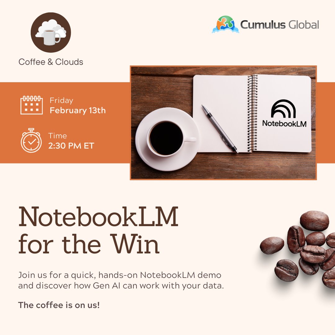 Have 15–20 minutes? Discover how small businesses can use generative AI with their own data in our live event, featuring a NotebookLM demo and real-world use cases. 

Register now: jump.cumulusglobal.com/3ZijBQe 

#GenAI #GoogleWorkspace #NotebookLM #ManagedCloudServices #SmallBusiness