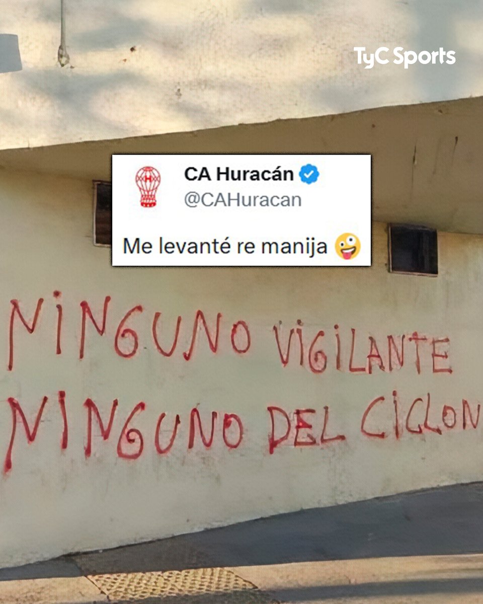 TyCSports's tweet image. "NINGUNO VIGILANTE, NINGUNO DEL CICLÓN" 📲

El posteo de Huracán en la previa del clásico con San Lorenzo. La frase hace alusión a una canción de la hinchada.