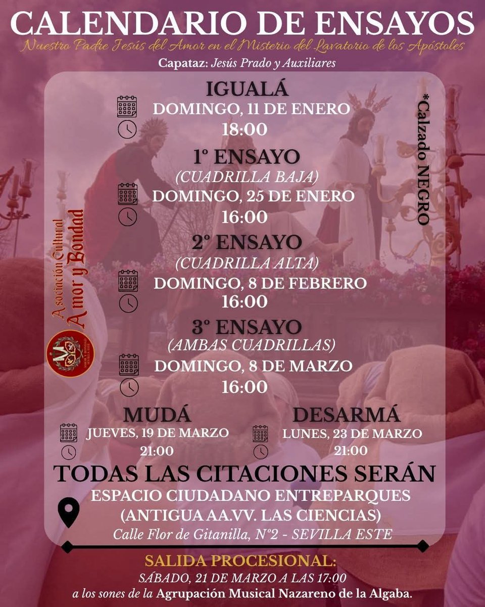 El próximo domingo 8 de febrero a las 16 horas, tendrá lugar el segundo ensayo de nuestra cuadrilla de costaleros, en este caso de la cuadrilla alta.

El ensayo tendrá lugar en el Espacio Ciudadano Entreparques, antigua A.VV. Las Ciencias, en la calle Flor de Gitanilla 2.