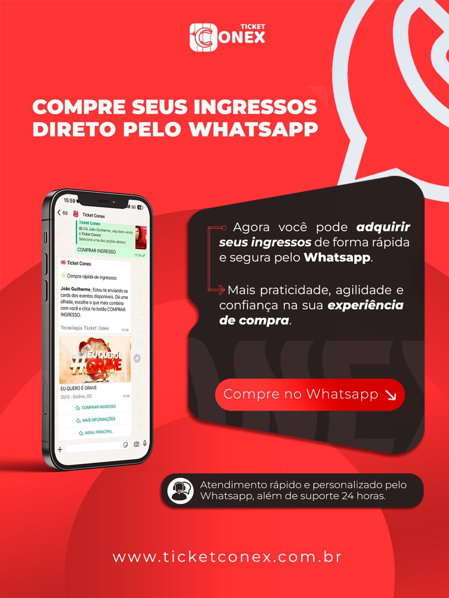 ticketconex's tweet photo. Agora ficou ainda mais fácil garantir seu lugar no evento!

Adquira seus ingressos de forma rápida, prática e 100% segura, direto pelo WhatsApp.
Sem burocracia. Sem complicação.

✔️ Atendimento ágil e personalizado
✔️ Compra assistida passo a passo
✔️ Suporte 24 horas https://t.co/kkI7sz8z99