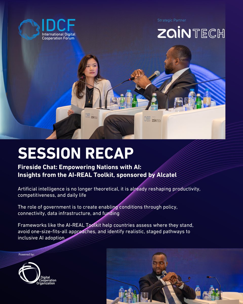 dcorg's tweet photo. Sponsored by Alcatel, the Fireside Chat: Empowering Nations with AI: Insights from the AI-REAL Toolkit at the 2nd International Digital Cooperation Forum (IDCF) featured a dialogue between H.E. Dr. Bosun Tijani, Minister of Communications, Innovation and Digital Economy of the Federal Republic of Nigeria, and Mei Chel Tan, Managing Partner at 500 Global, discussing how Nigeria is translating AI ambition into action by prioritising readiness, talent, and local context over hype.

The session also highlighted how tools such as the AI-REAL Toolkit, developed by the DCO and supported by Alcatel, can help countries across the Global South move from aspiration to implementation, grounding AI progress in real national capabilities.

The discussion reinforced that advancing AI is not about starting at the top, but about building the right foundations to move forward together.

#IDCF #IDCF2026 #DigitalProsperity4All #InclusiveProsperity #AI4DigitalProsperity

@ZainTECHMEA @Zain @bosuntijani @FMCIDENigeria @500GlobalVC