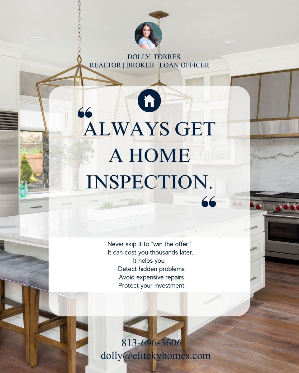Dolly_Realtor's tweet photo. Buying a home without an inspection is gambling with your money.

An inspection can save you thousands in repairs and problems.

Buy with information, not urgency.

#HomeInspection #RealEstateTips #FirstTimeBuyer #SmartBuying #DollyTorres https://t.co/hDgyG0NVMM