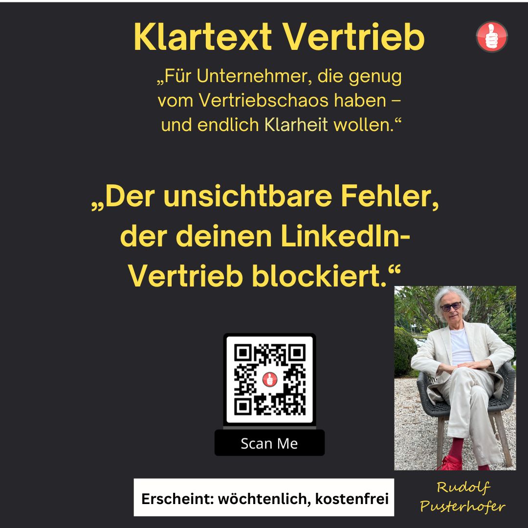 Reichweite auf LinkedIn ≠ Anfragen.
Der Grund ist oft ein unsichtbarer Profilfehler,
den fast alle Geschäftsführer machen.
In dieser Ausgabe:
• der größte blinde Fleck im LinkedIn-Vertrieb

👉 t2m.io/LI_NLR
#LinkedInSales #Vertrieb #MarketingOhneBullshit