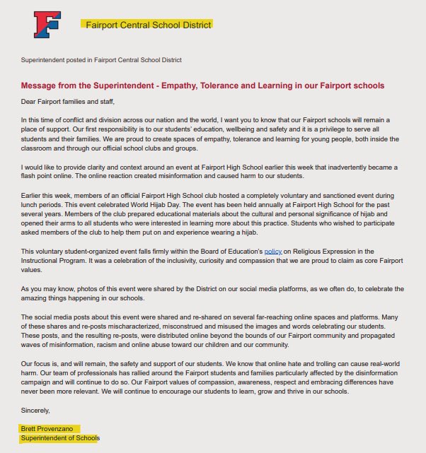 FairportEd's tweet photo. @libsoftiktok @FCSDtweets Here is the official response from BRETT Provenzano.  #fairport https://t.co/kMmwrzCYFn