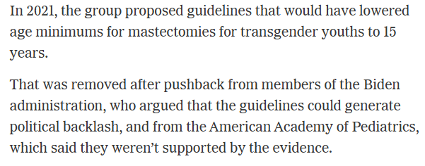 SoOppressed's tweet photo. In today's NY Times article (https://t.co/cnNwscyY24) about the AMA coming out against surgeries for minors, it claims that the Biden admin was against the removal of age minimums. The reality is the exact opposite. From the NY Times's own 2024 article (https://t.co/gZrjAht92i): https://t.co/Tm8LdPrzjI