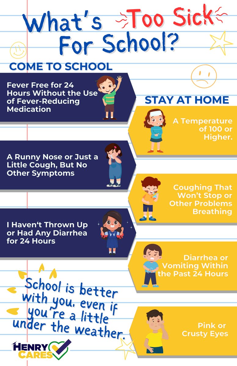 HenryCountyBOE's tweet photo. While regular attendance is essential, there are times when students need to stay home to safeguard their health and the well-being of others. This handy guide shows when your child is too sick for school and when it's OK to return. Together, let's #BePresentBePowerful in Henry County Schools!
#HenryCares #BrightFuturesBeginInHCS #HenryProud #YouBelongInHenry