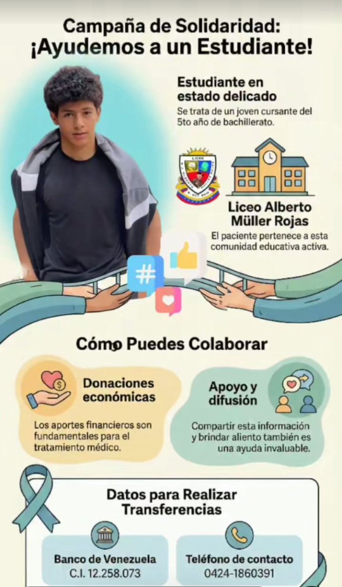 Joven estudiante se golpeó la columna vertebral al lanzarse en una piscina. Actualmente está en terapia intensiva en el hospital de coche, se requiere ayuda económica para operarlo, quien pueda, por favor hacerlo a los datos suministrados y si pueden  difundir la información 🙏