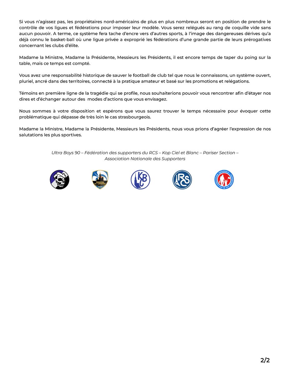 L'Association Nationale des Supporters se joint à quatre associations de supporters strasbourgeois et partage leurs craintes.

Sauvons le football français. 
Non à la multipropriété.
