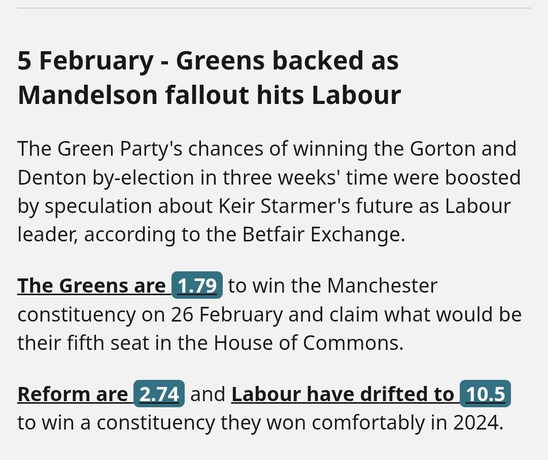 DarrenBar88's tweet photo. It's clear that #MandelsonGate is having an effect on the Gorton and Denton by-election.
Labour going down.
Greens going up.
It's Green vs Reform - Labour are out of the running. https://t.co/aMxUlbHUaZ