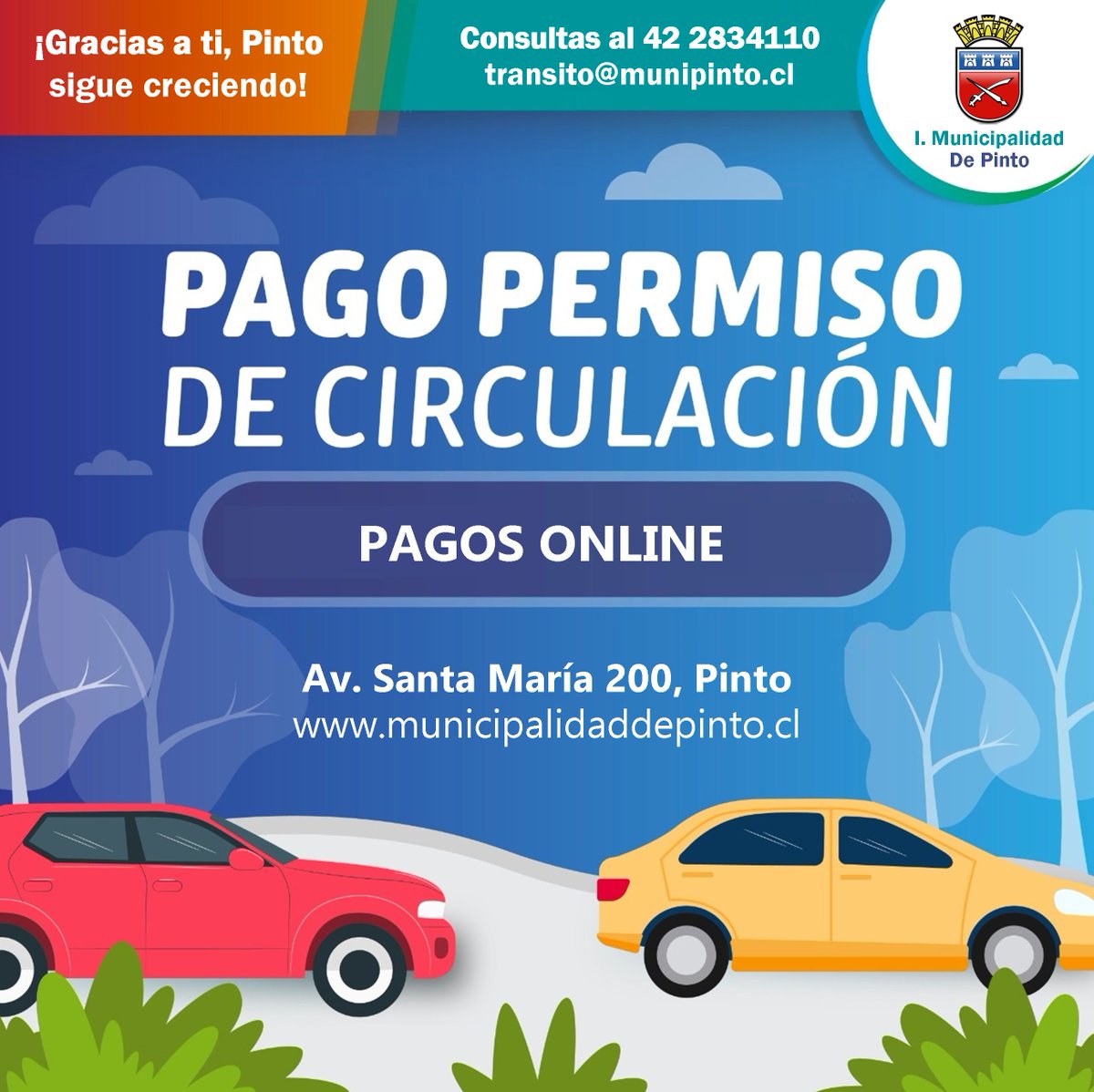munipinto's tweet photo. Paga tu Permiso de Circulación 2026 🚗🚗

👉 Ya están disponibles los pagos en modalidad online y presencial en nuestra Dirección de Tránsito y Transporte Público, ubicada en Avda. Santa María #200, comuna de Pinto.

Pago online disponible aquí:
https://t.co/LUBNzCNi4z https://t.co/yMawMJXtYP