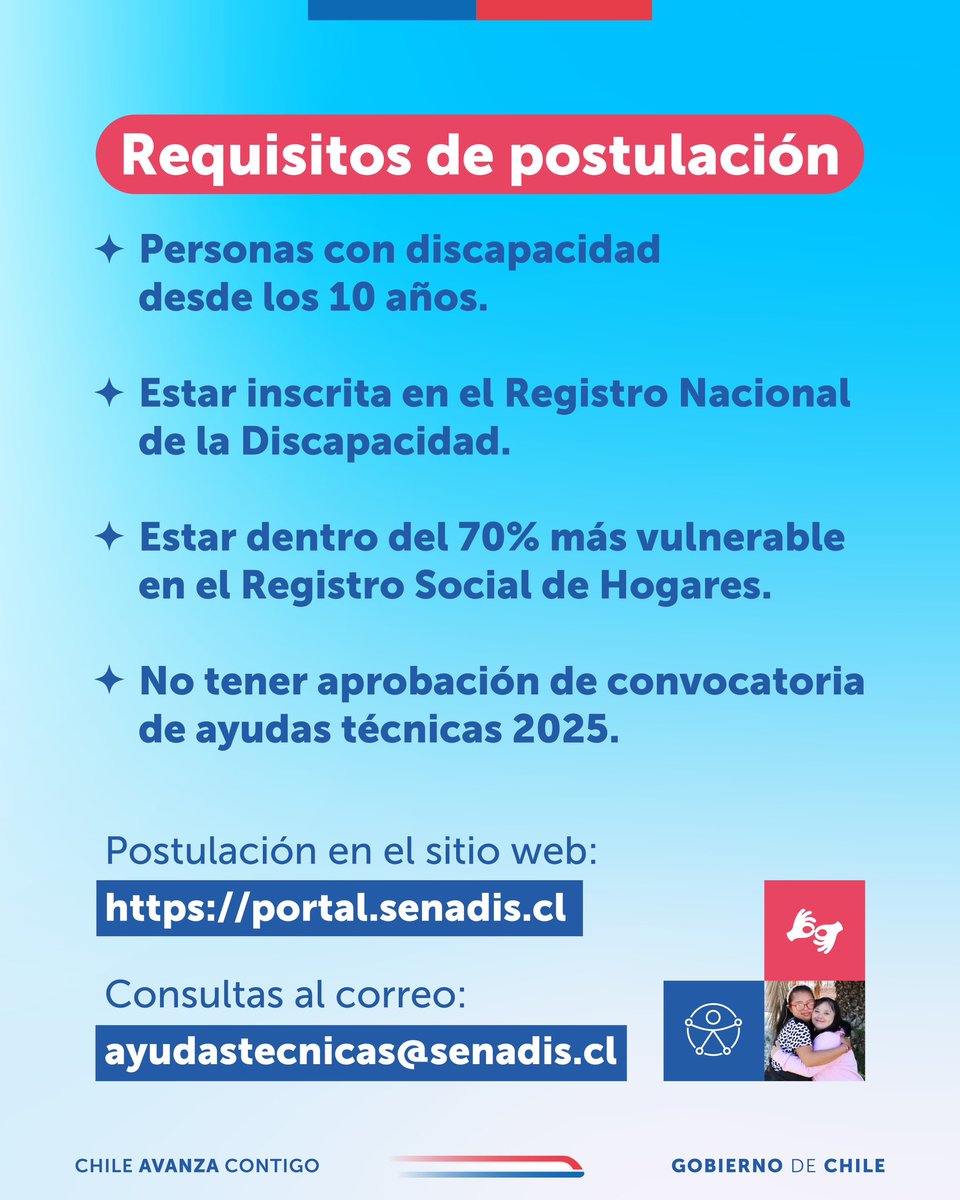 🟢Conoce las bases del Programa Regular de Ayudas Técnicas 2026 ingresando a senadis.gob.cl

🗓️ Inicio de postulación desde el jueves 5 de marzo hasta el martes 7 de abril a las 12:00 horas. 

#AyudasTécnicas2026 #ChileCuida
