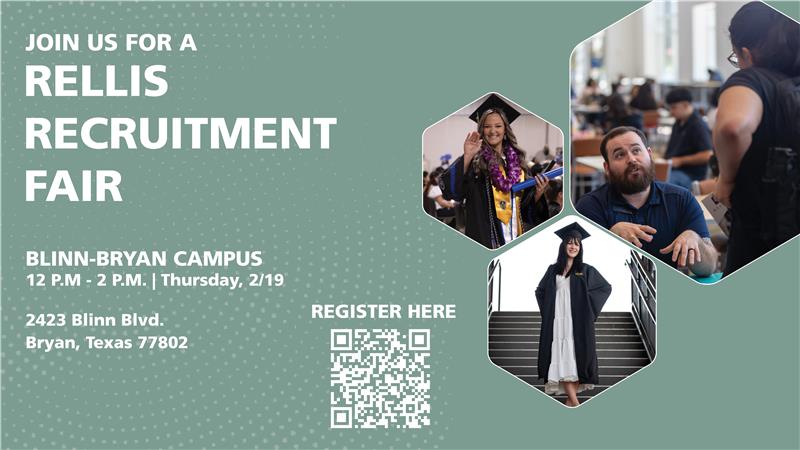 BlinnCollege's tweet photo. Mark your calendar to learn about degree options available through
@rellisedu at next week's recruitment fair.
π
Thursday, Feb. 19
β° 12-2 p.m.
π #BlinnBryan Campus
π Register: https://t.co/V3jHYr3LEi https://t.co/BoKbUjAhIk