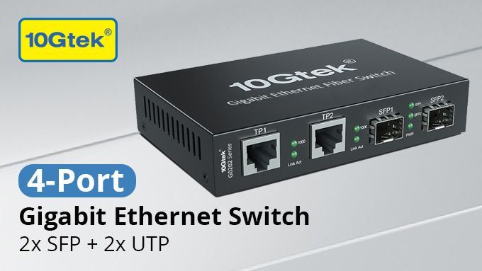 ❏ 4-Port Gigabit Ethernet Fiber Switch
❏ Fiber: 2 ports SFP slots 1.25 Gbps
❏ RJ-45: 2 ports 10/100/1000Mbps UTP/STP Cat.5e/6
❏ Power supply: 5V-1A
❏ Purchase link: sfpcables.com/4-port-gigabit…