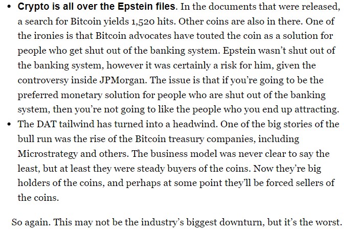 10 REASONS WHY THIS IS THE WORST CRYPTO WINTER EVER

In today's newsletter, I wrote about how there are just numerous dynamics all happening at once -- from Epstein to quantum to AI to the death of crypto twitter -- clobbering the coins