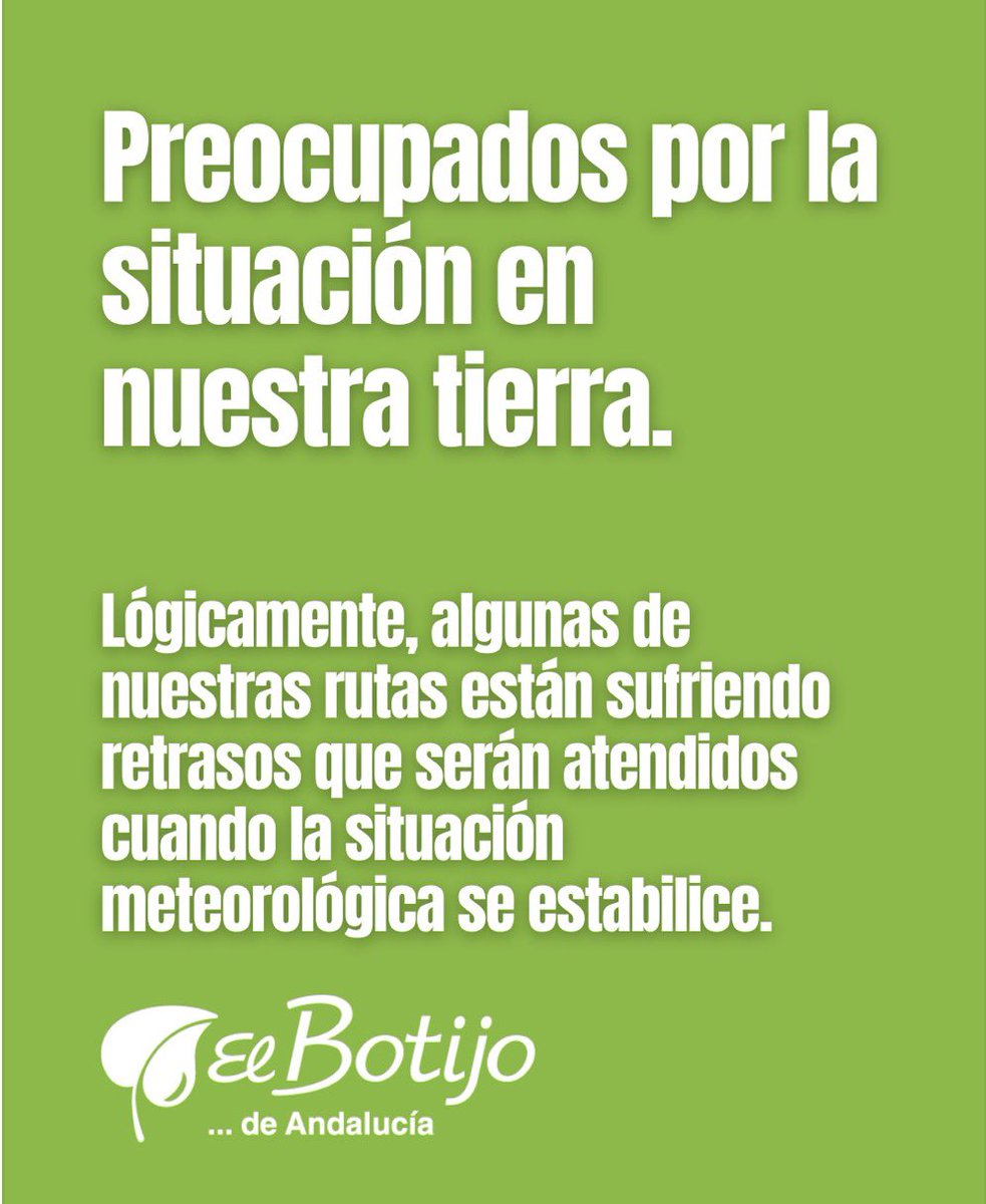Muy pendientes de la situación que afecta a algunos de nuestros distribuidores en toda Andalucía a causa del enjambre de borrascas que está afectando a nuestra tierra esta semana.
#BorrascaLeonardo #BorrascaMarta