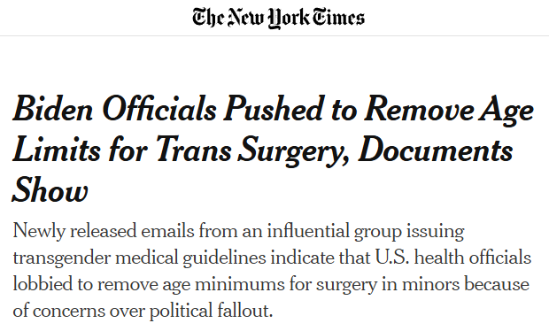SoOppressed's tweet photo. In today's NY Times article (https://t.co/cnNwscyY24) about the AMA coming out against surgeries for minors, it claims that the Biden admin was against the removal of age minimums. The reality is the exact opposite. From the NY Times's own 2024 article (https://t.co/gZrjAht92i): https://t.co/Tm8LdPrzjI