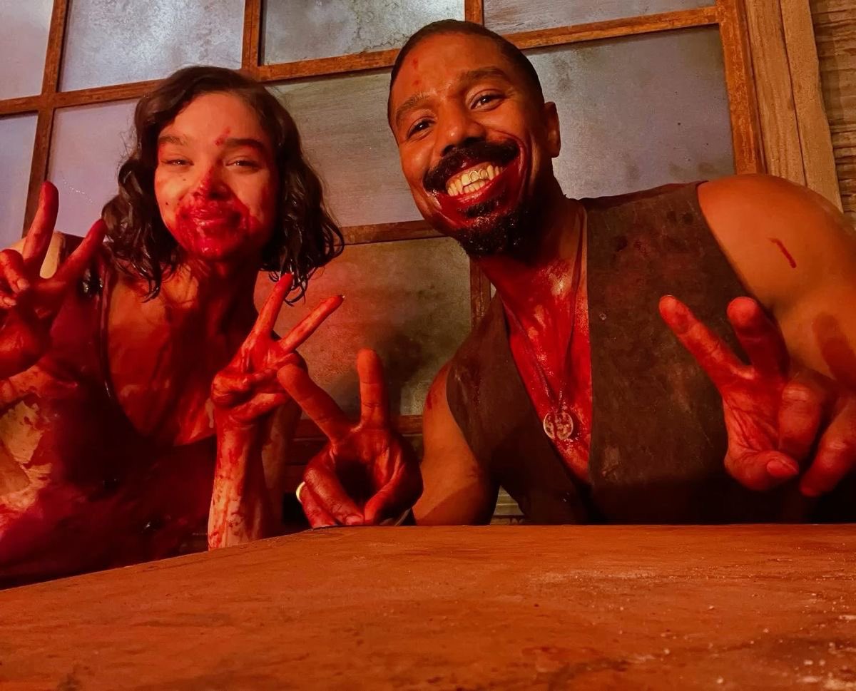 hailee steinfeld and michael b. jordan on the set of sinners