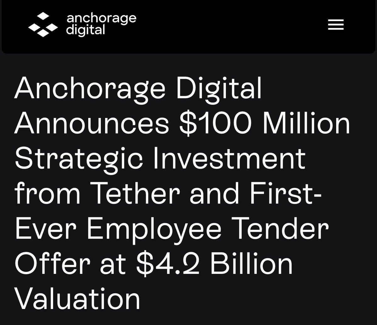 diogomonica's tweet photo. Today, Anchorage Digital is announcing a $100M strategic equity investment from https://t.co/0xIylqnDgA, implying a valuation of $4.2B.

Even more exciting is the fact that these $100M are being used for the first-ever employee tender offer, providing liquidity to long-tenured team members who have helped build the company over nearly a decade.

As a founder there are lots of moments in a company lifecycle that make you truly proud, and this one certainly ranks at the top.