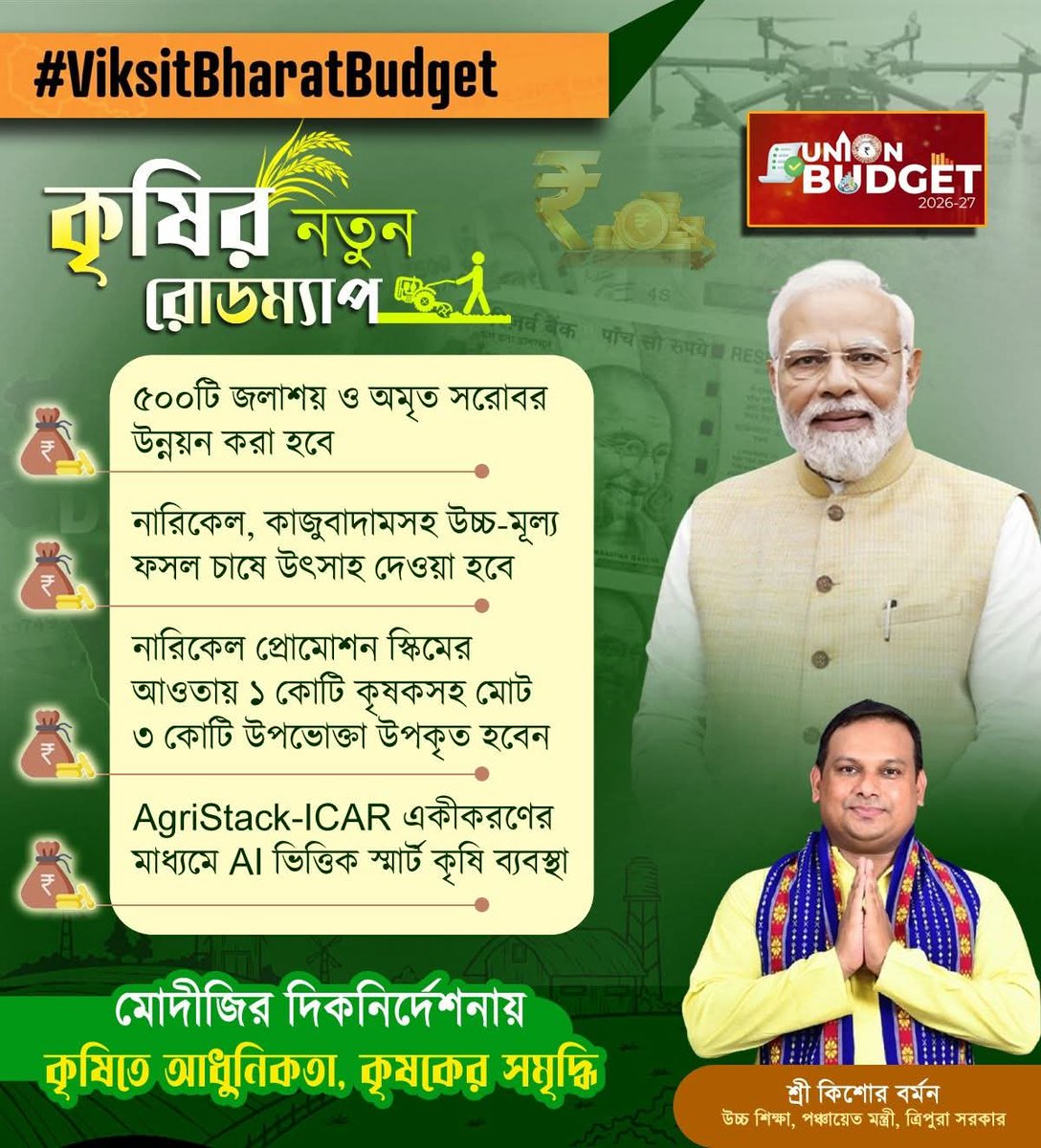 শক্তিশালী কৃষক, সমৃদ্ধ ভারত: বাজেট ২০২৬-২৭ এর নতুন অঙ্গীকার! 🌾 🚜

কেন্দ্রীয় বাজেট কৃষির ইতিহাসে নতুন অধ্যায় রচনা করছে -“কৃষির নতুন রোডম্যাপ” শুধু কৃষকের আয় বাড়াবে না, কৃষিকে আধুনিক প্রযুক্তি ও টেকসই সম্পদে সংযুক্ত করার প্রতিশ্রুতিও বহন করবে।
#ViksitBharatBudget #BJP4Tripura