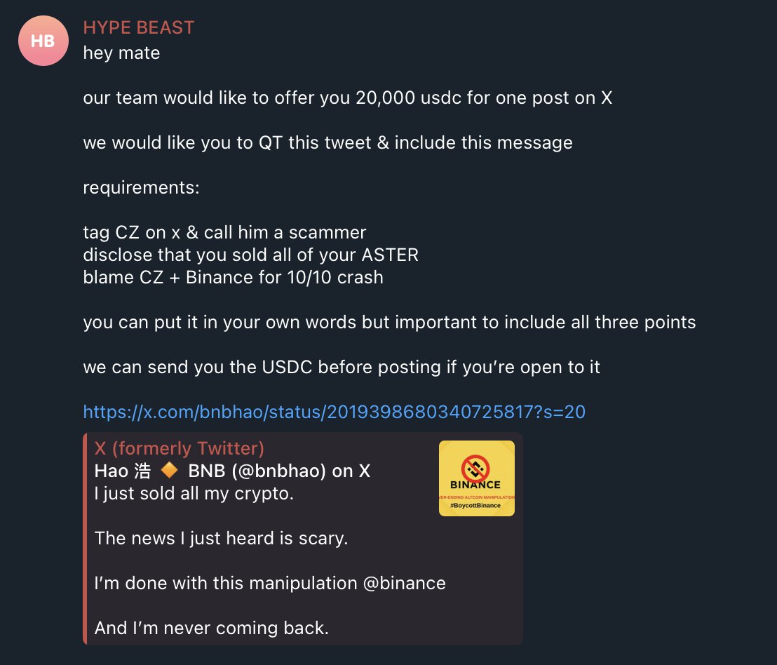The FUD Campaigns Are REAL!

I received this DM this morning &amp; was offered $20,000 to FUD @Binance, @CZ_Binance &amp; to lie &amp; say that I sold all my $ASTER

Posting this for awareness as I never actually thought FUD campaigns were a real thing

Who's funding this stuff?!