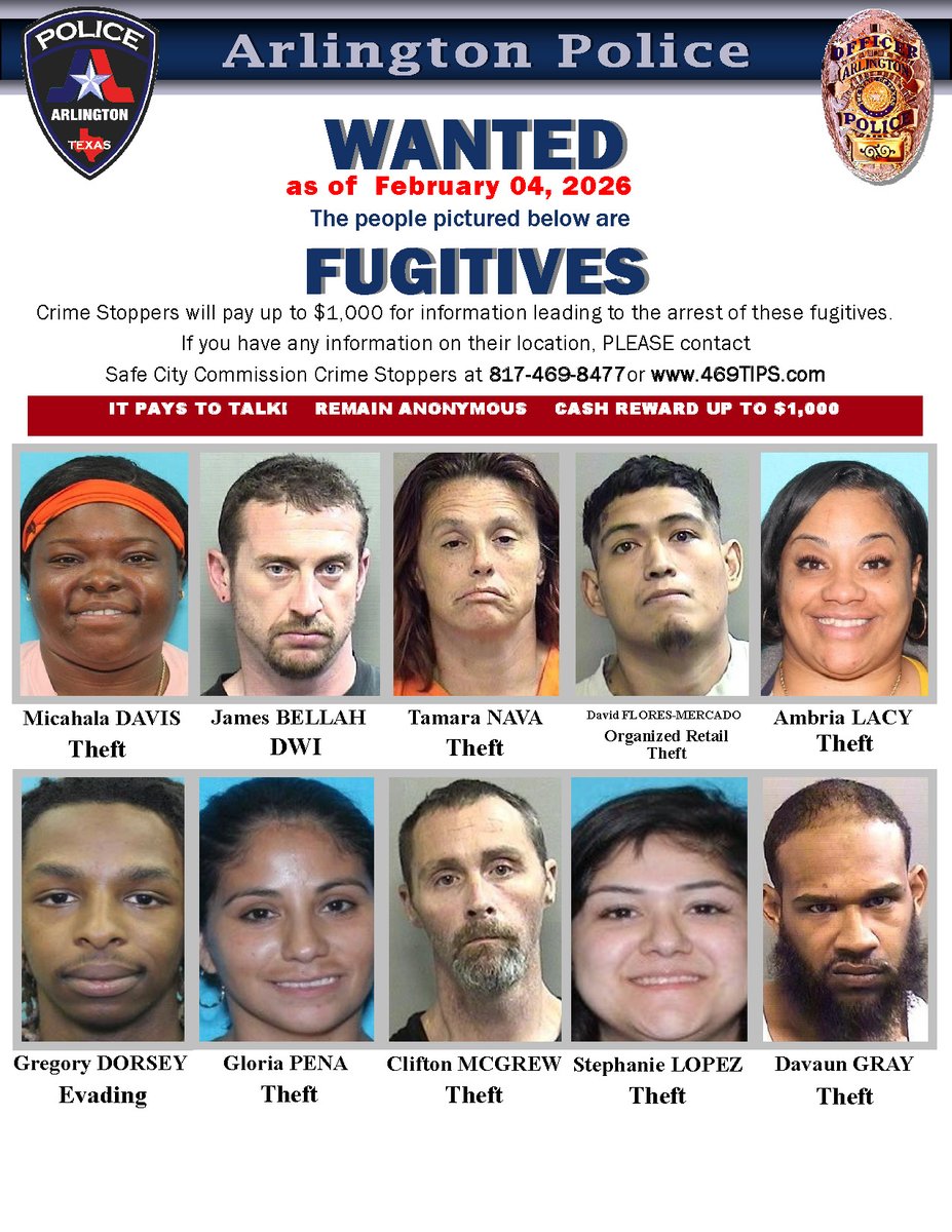 ARLINGTON POLICE DEPARTMENT’S MOST WANTED LIST FOR 2/4/26 Have info on these fugitives? Crime Stoppers offers up to $1,000 for anonymous tips leading to the arrest of the perpetrator.

Crime Stoppers Contact Info:
📞 817-469-8477
🌐 469tips.com
📱 P3 Tips app