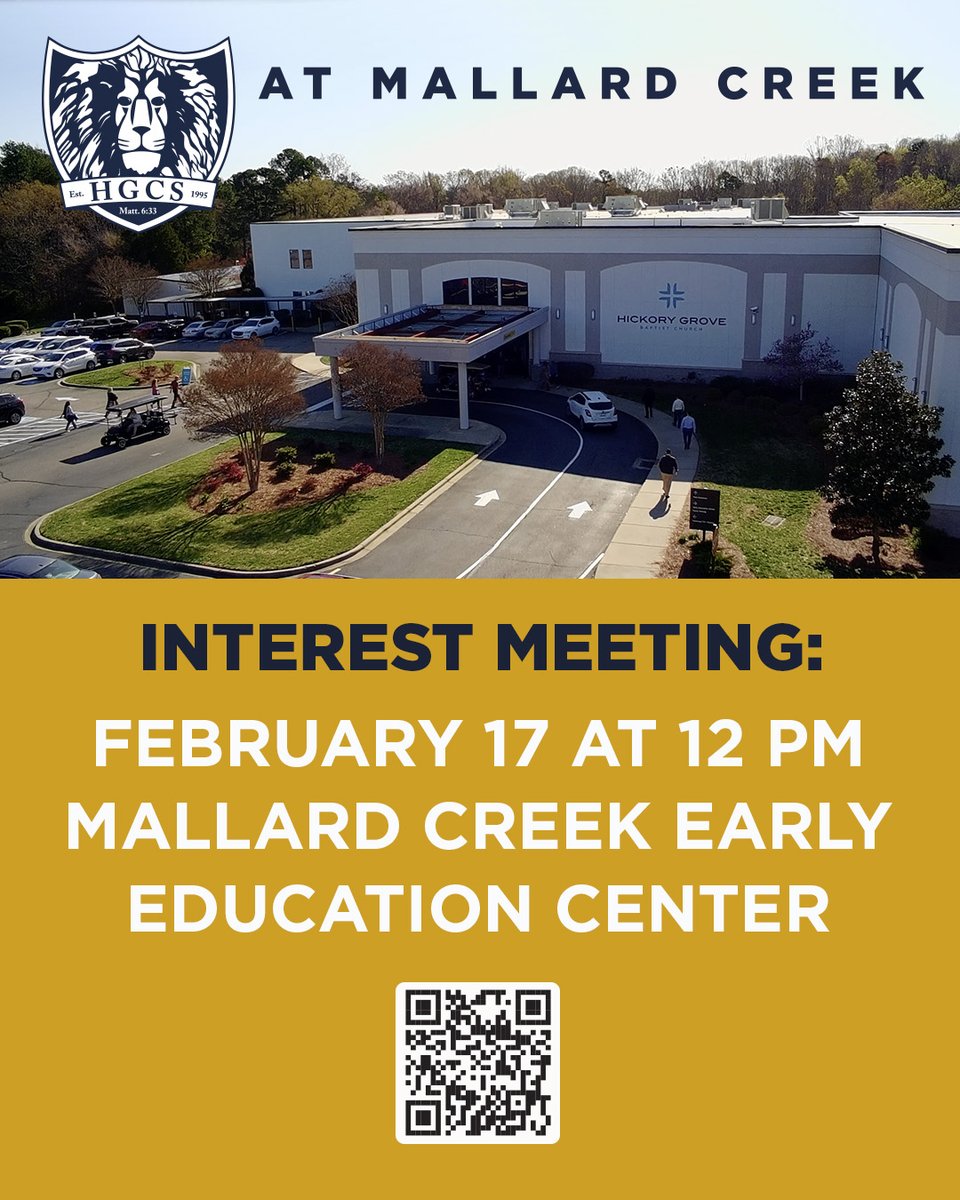 HGCSchool's tweet photo. You’re invited!

Hickory Grove Christian School is exploring an exciting expansion to our Mallard Creek Campus! Join us for an informational interest meeting to learn more about our potential Transitional Kindergarten and Kindergarten program featuring a Classical Christian approach to education rooted in biblical truth, rich language, and joyful learning.

🗓 February 17
⏰ 12:00 PM
📍 Mallard Creek Early Education Center

Come hear the vision, curriculum goals, and next steps for this exciting opportunity. We hope to see you there!

For more information, visit https://t.co/1Cbm7mBRQJ