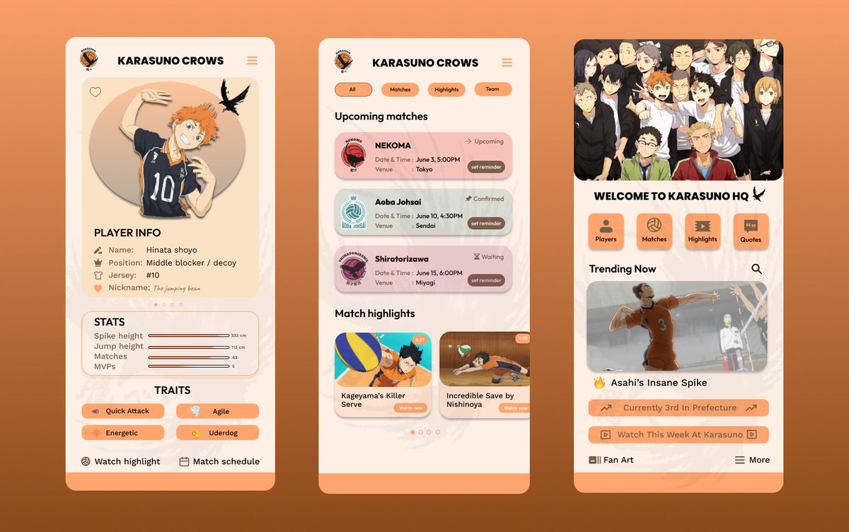 AnushkaSamudre's tweet photo. Designed a mobile app concept for Haikyuu fans 🏐
Match updates, characters, and community all in one flow.
Anime + UX = my favorite combo to design.

Which screen stands out to you?

#animeui #appdesignconcept #uidesigninspiration #figmaproject #creativeux #Haikyuu https://t.co/GAfn8kkKd2