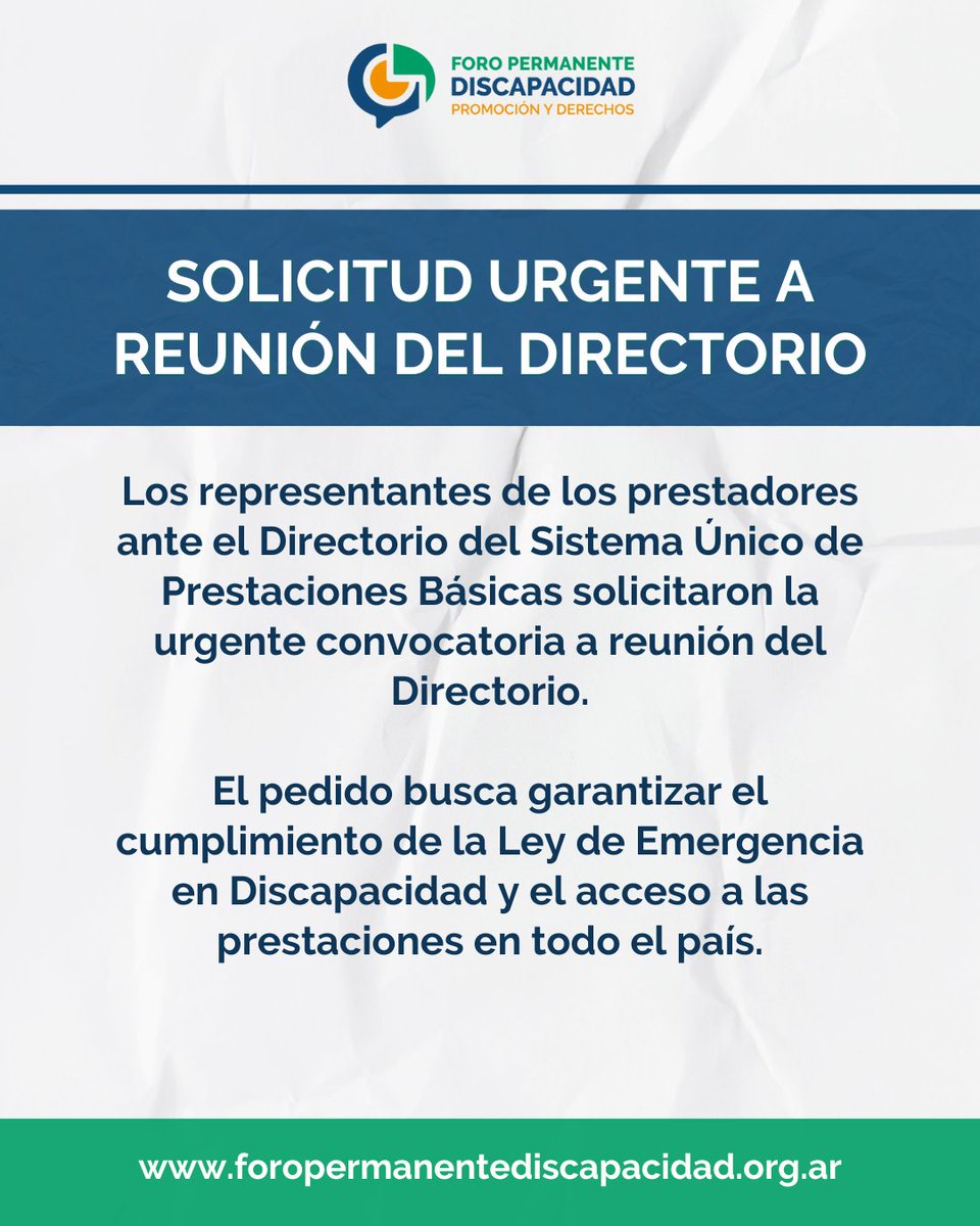 📄 Representantes de prestadores solicitaron la urgente convocatoria del Directorio del Sistema Único de Prestaciones Básicas para cumplir la Ley de Emergencia en Discapacidad y garantizar prestaciones en todo el país.