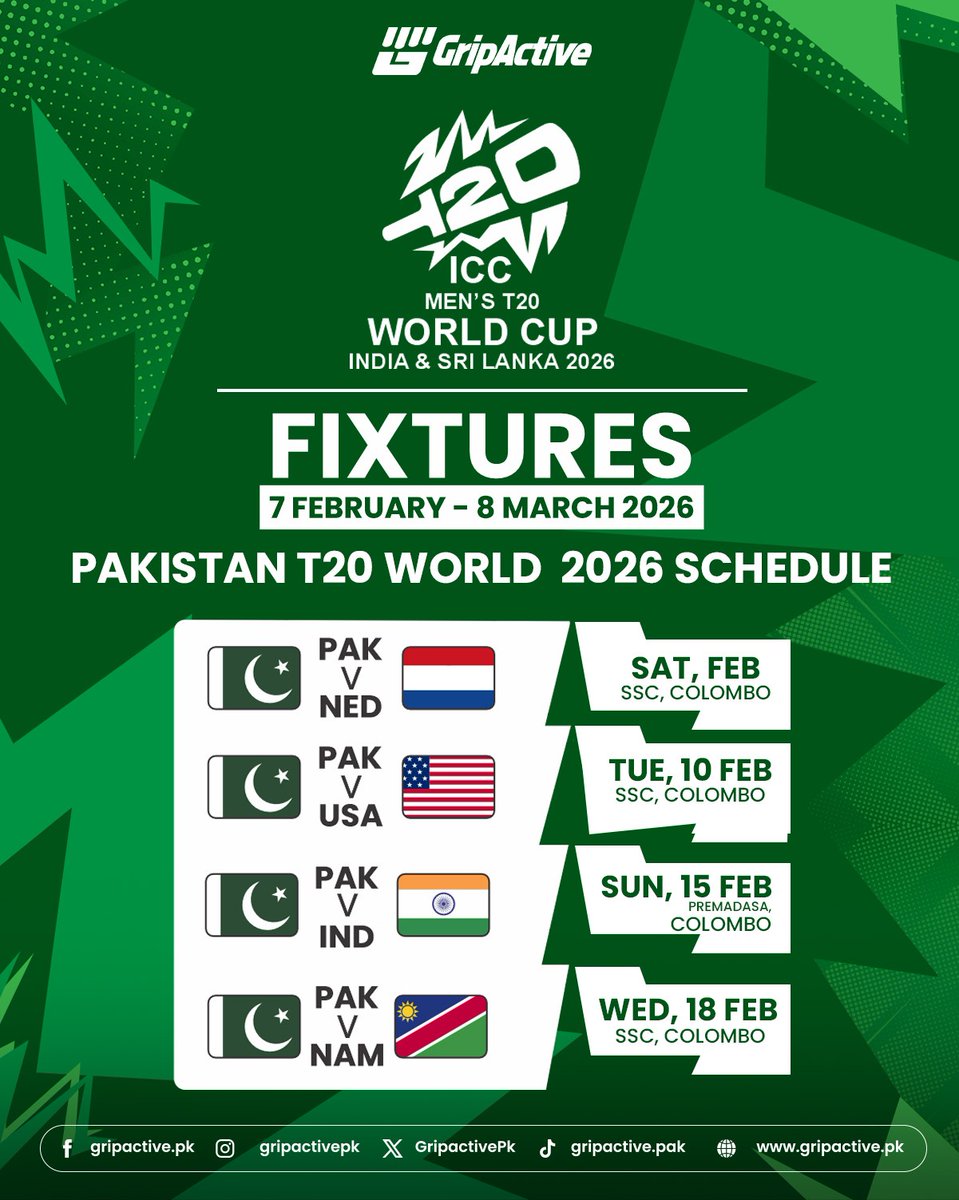 GripactivePk's tweet photo. The road to glory begins 
Here’s Pakistan’s schedule for the ICC Men’s T20 World Cup 2026.
Big matches. Tough groups. High stakes.
Which match are you waiting for the most? 
#GripActive #T20WC2026 #icct20worldcup2026 #PSLAuction #PSL11 #T20WC #PakvsIndia https://t.co/7cBII6A008