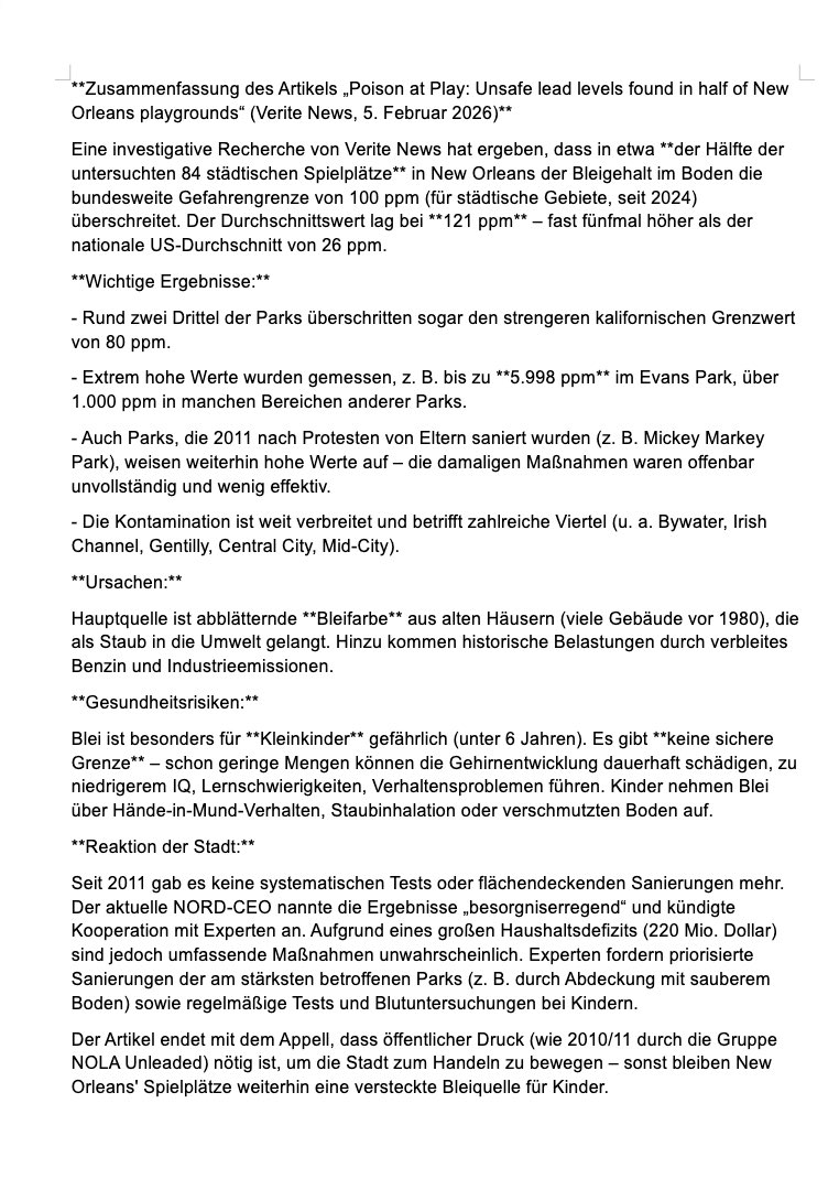 veritenews.org/2026/02/05/poi…
Kritische Bleikonzentrationen auf Spielplätzen in New Orleans. Eine deutsche pdf-Zusammenfassung des langen englischen Artikels habe ich angehängt. Bei Sand auf dem Spielplatz mache ich gelegentlich orientierende Messungen ohne relevante Ergebnisse.