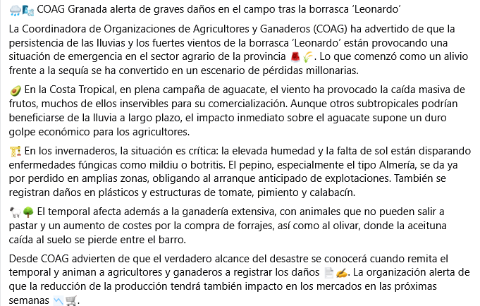 🌧️🌬️ COAG ha advertido de que la persistencia de lluvias y vientos de la borrasca ‘Leonardo’ han provocado una situación de emergencia en el sector agrario provincial🚨
🌾Lo que comenzó como un alivio frente a la sequía se ha convertido en un escenario de pérdidas millonarias 📉