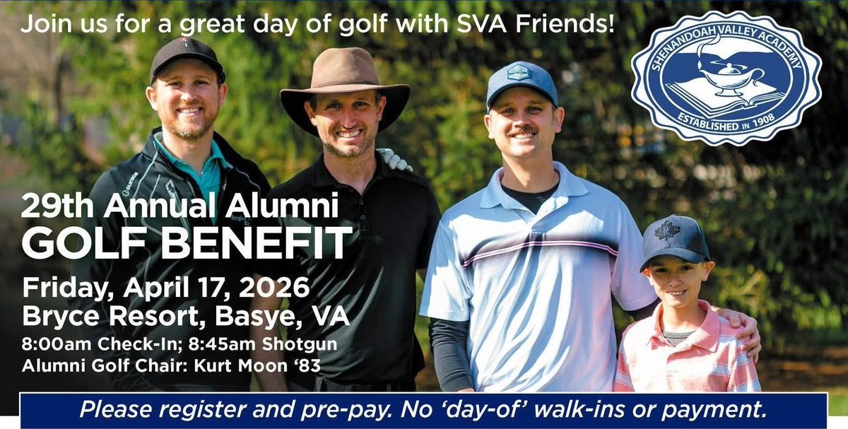 #SVAAlumniGolf2026 player-sponsor sign-up and payment is open! We're looking forward to a great day of golf at the ever-improving Bryce Resort with #SVAAlumniandFriends. Sign-up today! shenandoahvalleyacademy.org/alumni/alumni-…