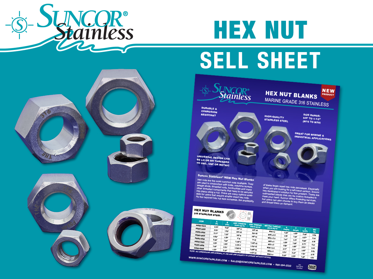 SuncorStainless's tweet image. Stop hunting for hard-to-find sizes! 🛠️
Our 316 Stainless Hex Nut Blanks can be custom threaded (LH or RH) to UNC, UNF, or Metric.
See the specs: suncorstainless.com/wp-content/upl…

#HexNuts #StainlessSteel #Fasteners #Industrial #Threaded #Custom